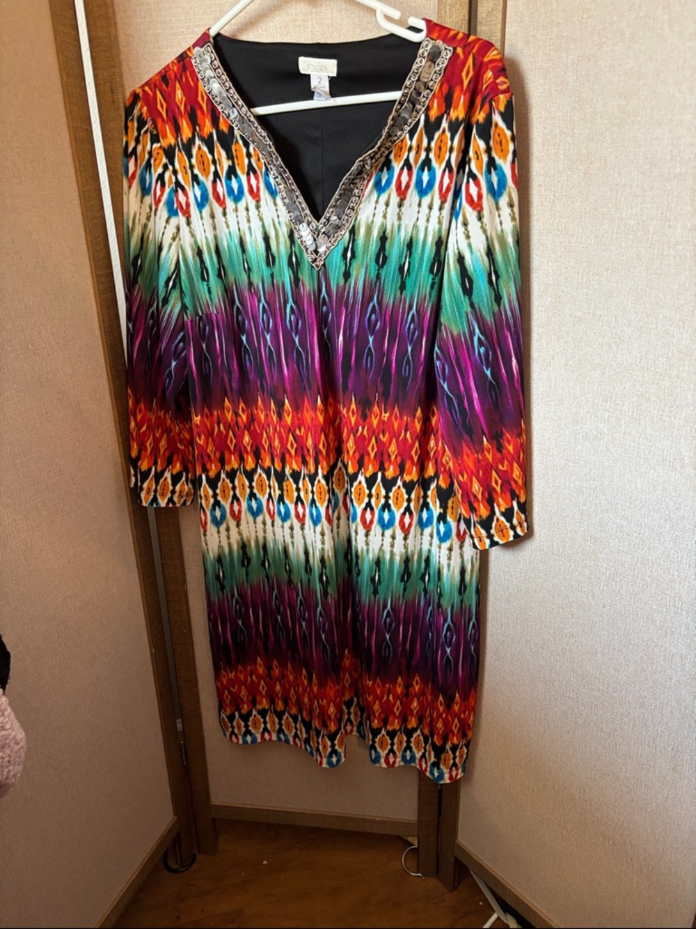 Chico's Long-Sleeve Multicolor Ikat V-Neck Dress 2 Large